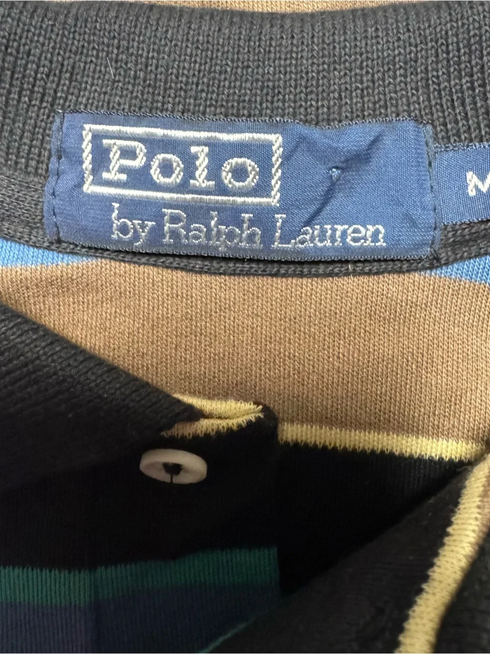Vintage Ralph Lauren Men’s Striped Polo Shirt - Brown, Blue, Black